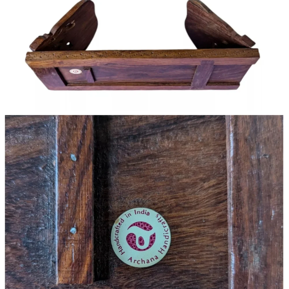 Vtg Ornate Handcarved Elephant Wood Slide Expandable Bookrack Ends Shelf India - Picture 12 of 16